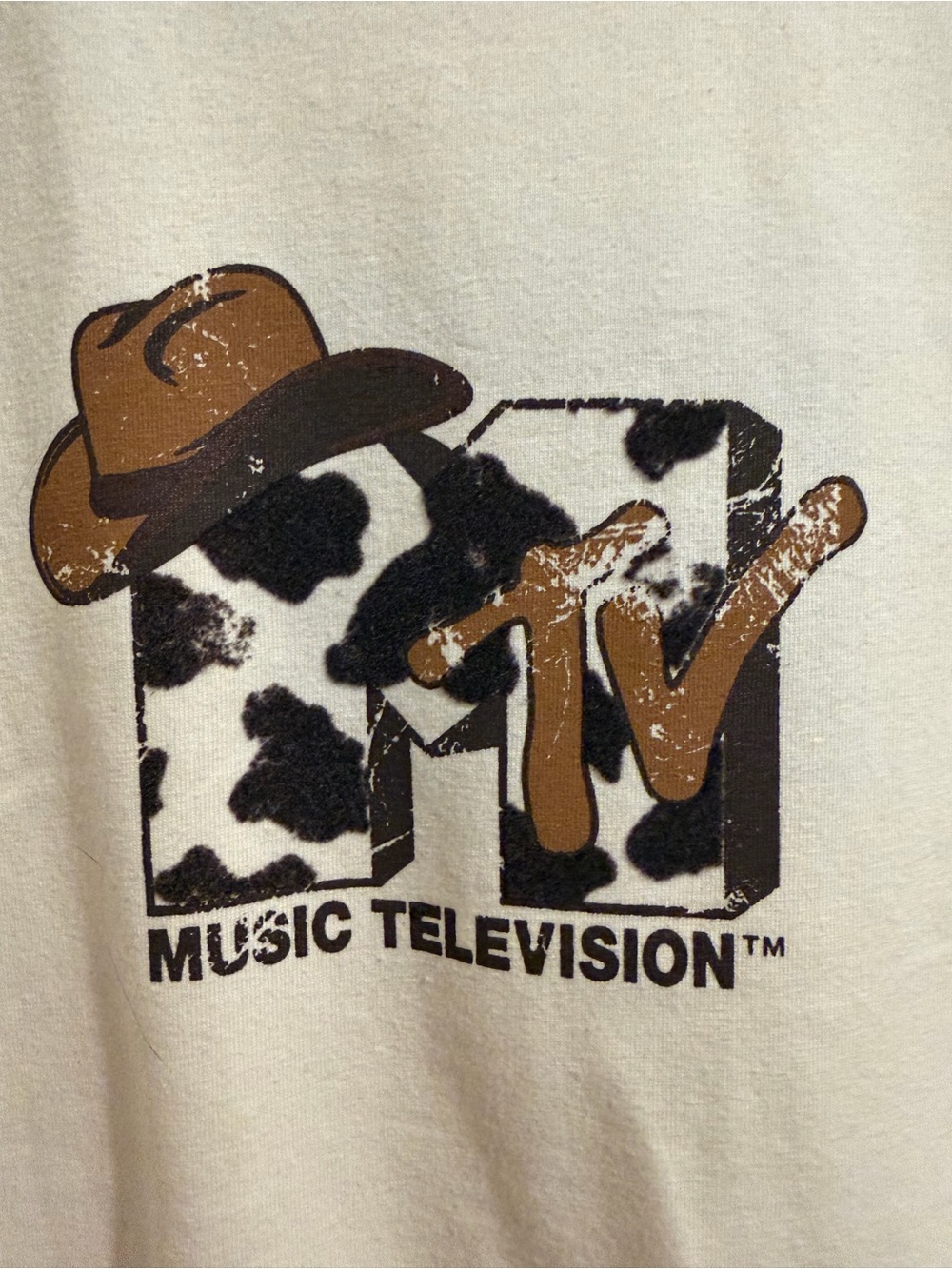 Primark Women’s Graphic MTV t-shirt w/ brown ribbed collar Size Large NWT